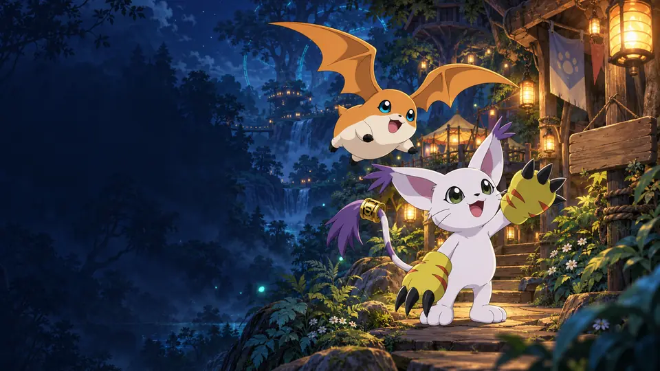 Patamon and Gatomon greeting you at a lantern-lit door
